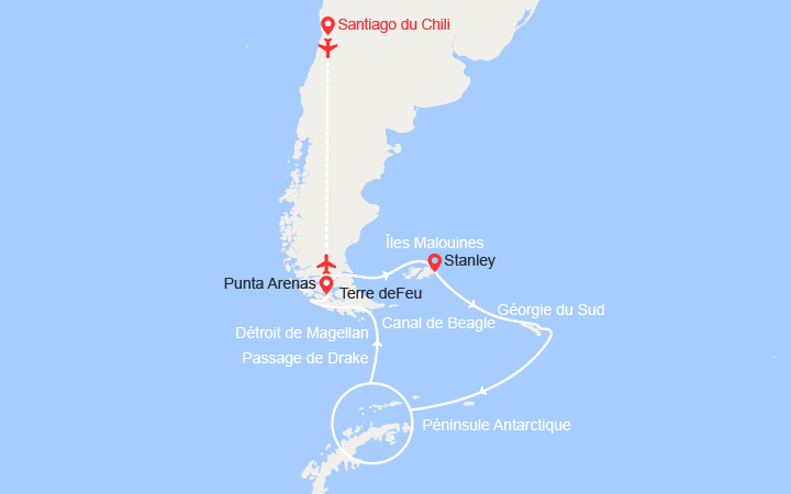 Carte itinéraire croisière Expédition en Antarctique, aux îles Malouines et en Géorgie du Sud