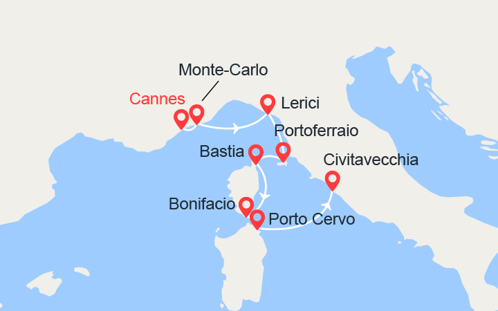 Carte itinéraire croisière Finale Grand Prix de Monaco : Monaco, Elbe, Corse, Sardaigne