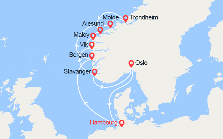Carte itinéraire croisière Fjords de Norvège