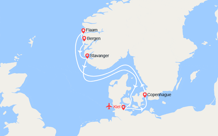 Carte itinéraire croisière Fjords de Norvège : Flam, Bergen, Stavanger - Vols inclus