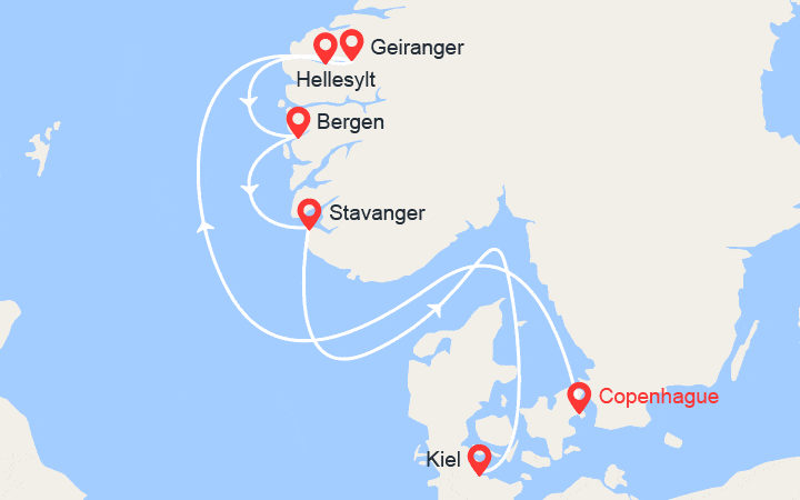Carte itinéraire croisière Fjords de Norvège : Geiranger, Bergen, Stavanger