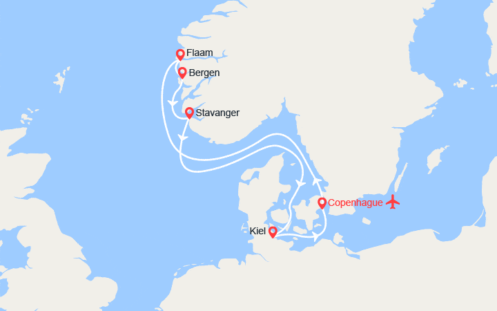 Carte itinéraire croisière Fjords de Norvège: Geiranger, Bergen, Stavanger - Vols inclus