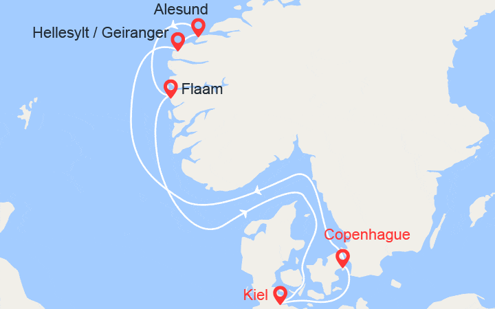 Carte itinéraire croisière Fjords de Norvège : Hellesylt, Alesund, Flam