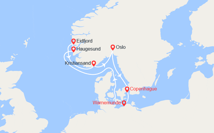 Carte itinéraire croisière Fjords : Haugesund, Eidfjord, Kristiansand, Oslo