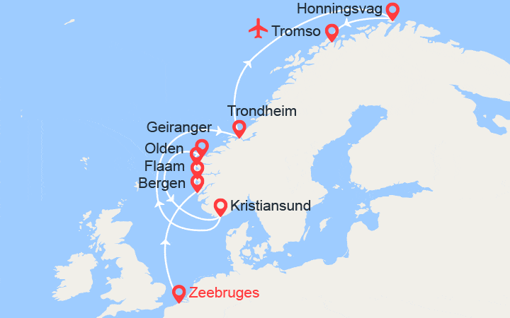 Carte itinéraire croisière Fjords, îles Lofoten et cap Nord