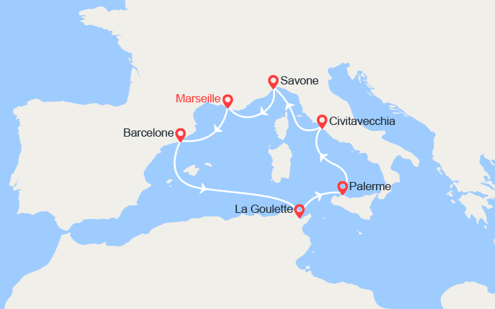 Carte itinéraire croisière France, Espagne, Tunisie, Italie