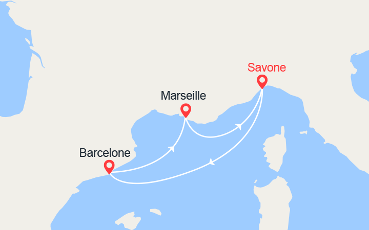 Carte itinéraire croisière France, Italie, Espagne
