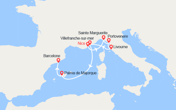 Carte itinéraire croisière France, Italie, Espagne