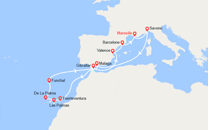 Carte itinéraire croisière France, Italie, Espagne, Canaries, Madère, Gibraltar
