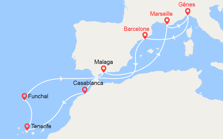Carte itinéraire croisière France, Italie, Espagne, Maroc, Portugal