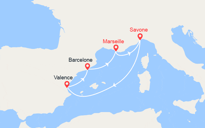 Carte itinéraire croisière France, Italie, Espagne: Savone, Valence, Barcelone