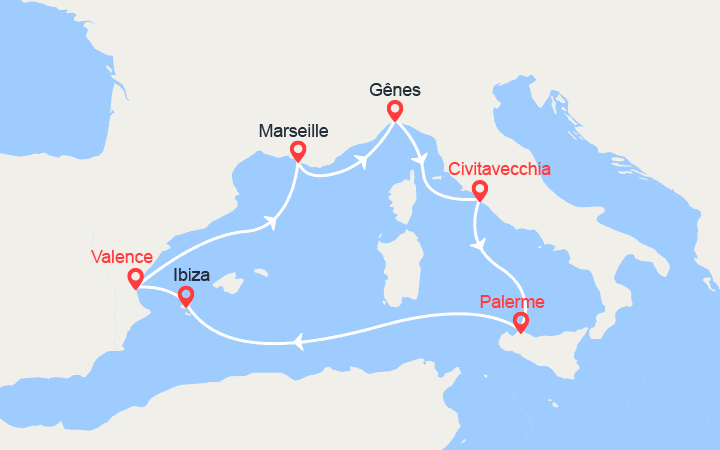 Carte itinéraire croisière France, Italie, Ibiza