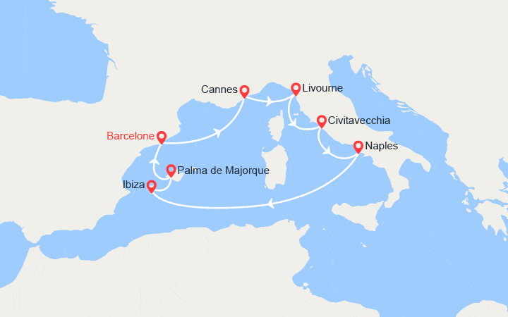 Carte itinéraire croisière France, Italie, Iles Baléares