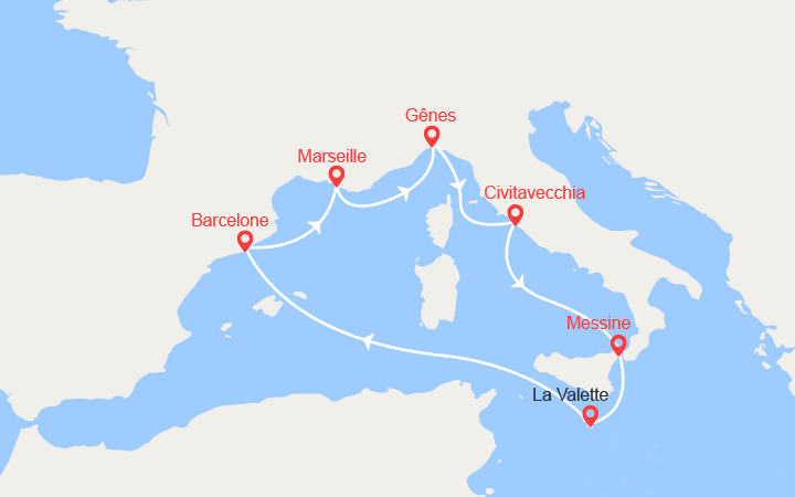 Carte itinéraire croisière France, Italie, Malte, Espagne