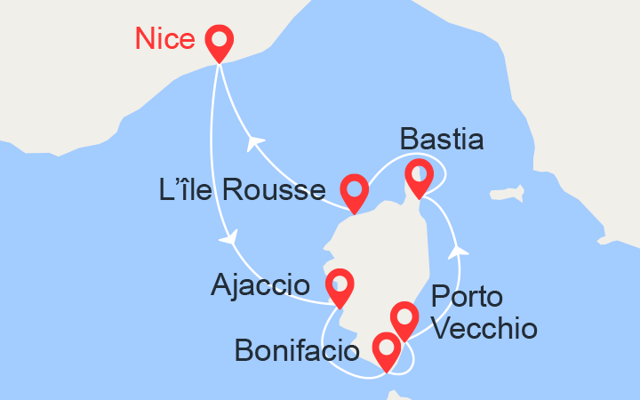 Carte itinéraire croisière Grand Tour de Corse au départ de Nice (NAO_PP)