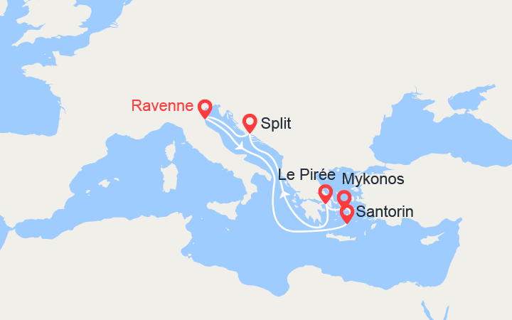 Carte itinéraire croisière Grèce et Croatie au départ d'Italie