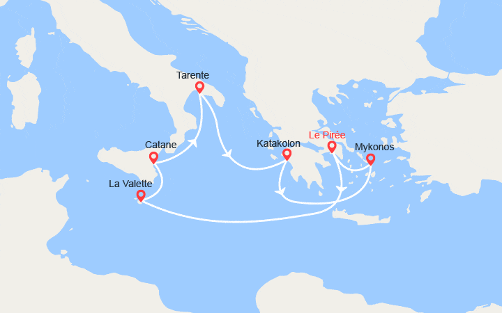 Carte itinéraire croisière Grèce, Malte, Italie