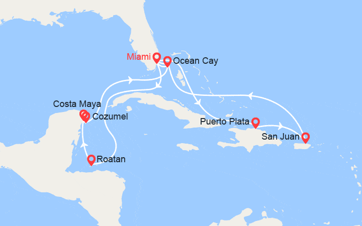 Carte itinéraire croisière Honduras, Mexique, Bahamas, Rép. Dominicaine, Porto Rico