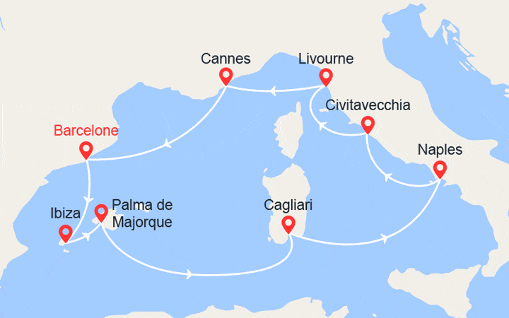Carte itinéraire croisière Iles Baléares, Sardaigne, Italie, Côte d'Azur