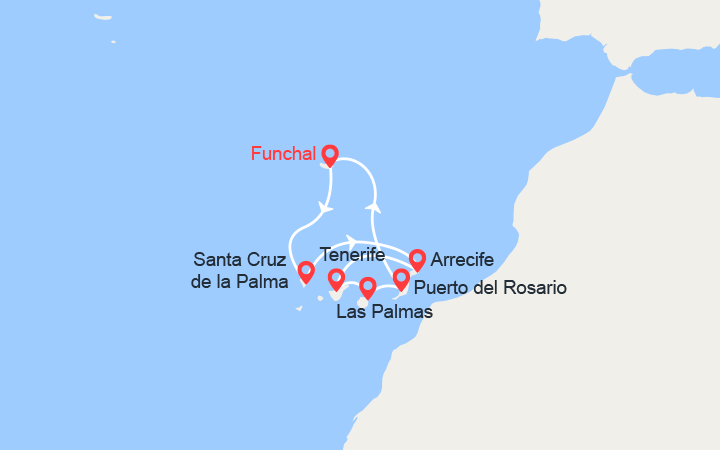 Carte itinéraire croisière Iles Canaries : La Palma, Lanzarote, Tenerife, Gran Canaria...