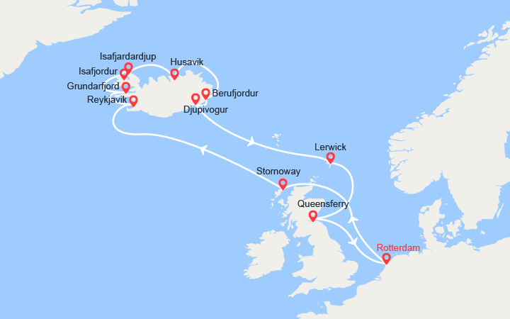 Carte itinéraire croisière Iles du nord : Ecosse, Islande, Iles Shetland