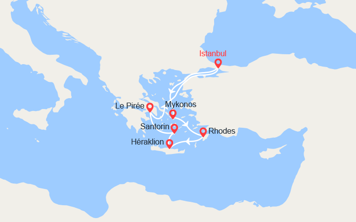 Carte itinéraire croisière Iles Grecques au départ d'Istanbul