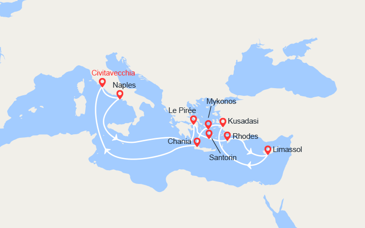 Carte itinéraire croisière Iles Grecques, Chypre, Turquie