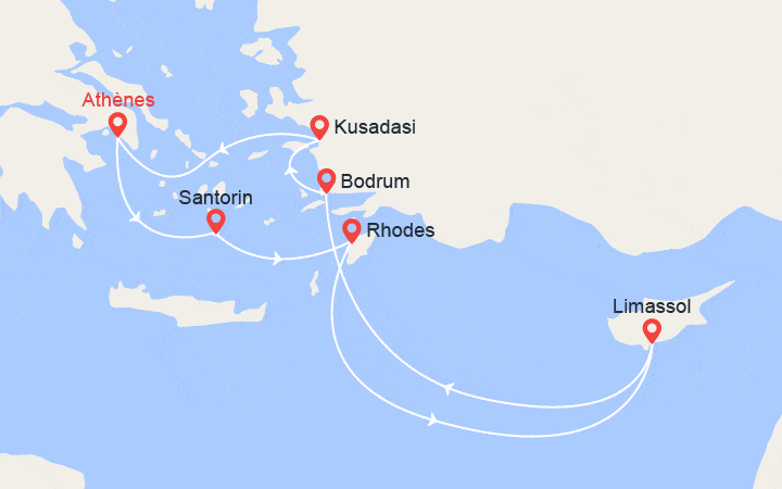 Carte itinéraire croisière Iles grecques, Chypre, Turquie