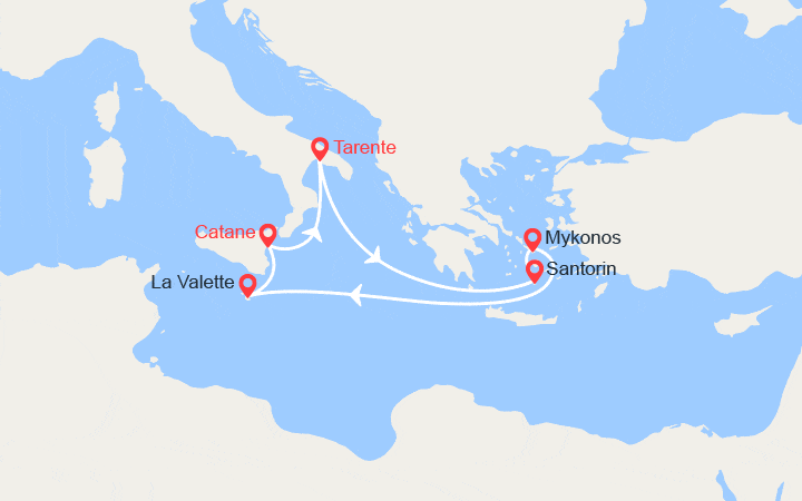 Carte itinéraire croisière Iles Grecques, Malte
