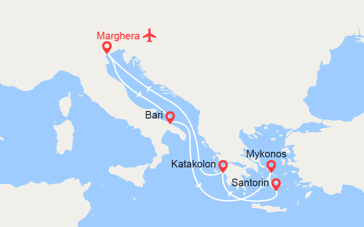 Carte itinéraire croisière Iles Grecques: Mykonos, Santorin, Katakolon - Vols inclus
