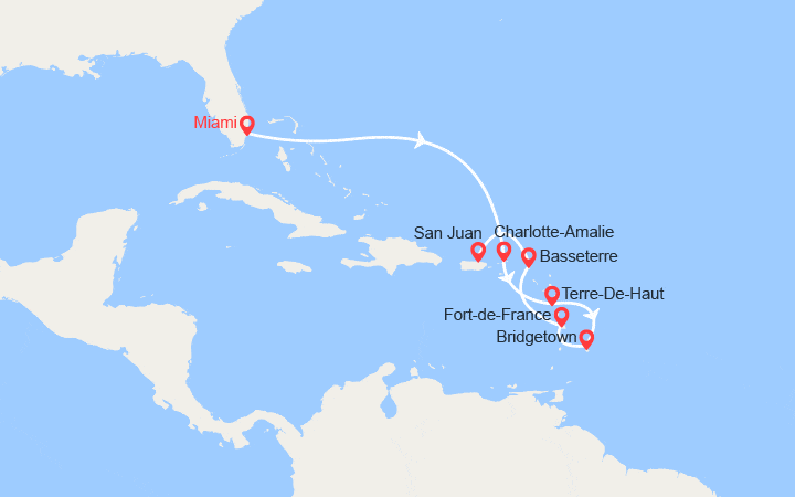 Carte itinéraire croisière Îles Vierges, Guadeloupe, Barbade, Martinique, St Christophe et Niévès, Porto Rico