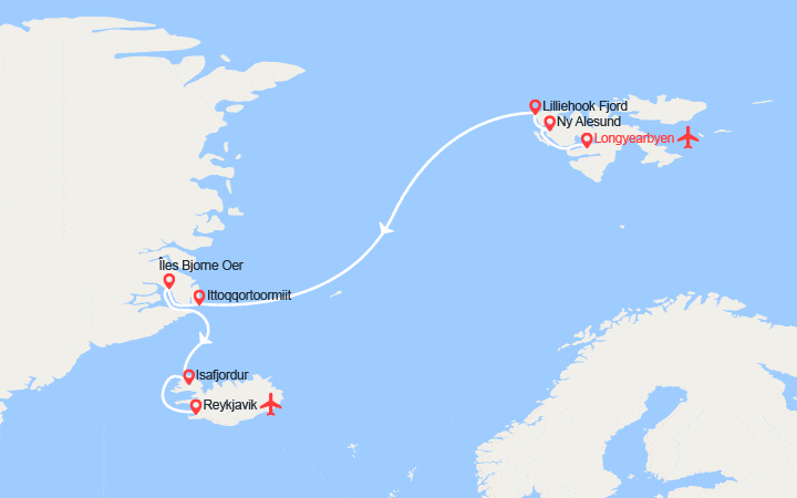 Carte itinéraire croisière Incroyable Arctique : Spitzberg, Groenland, Islande