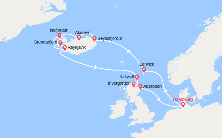 Carte itinéraire croisière Islande, Ecosse