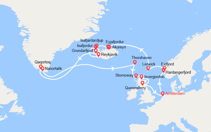 Carte itinéraire croisière Islande et Goenland