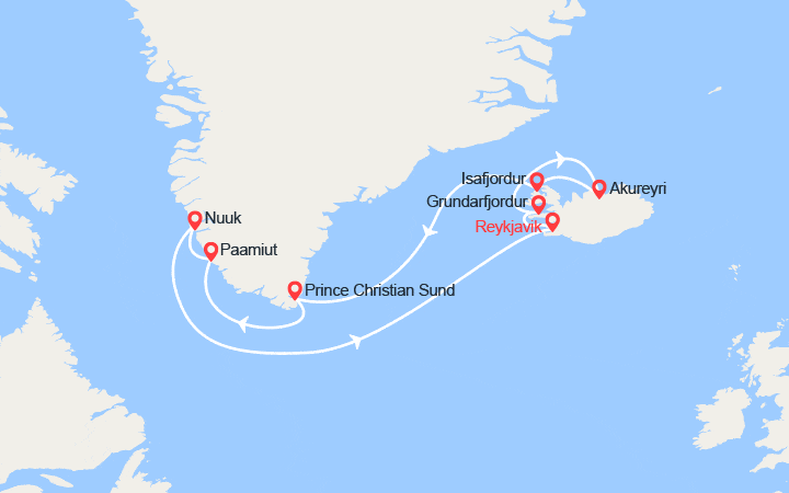 Carte itinéraire croisière Islande et Groenland