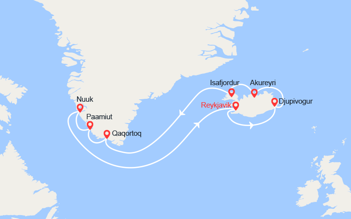 Carte itinéraire croisière Islande et Norvège, au coeur des fjords