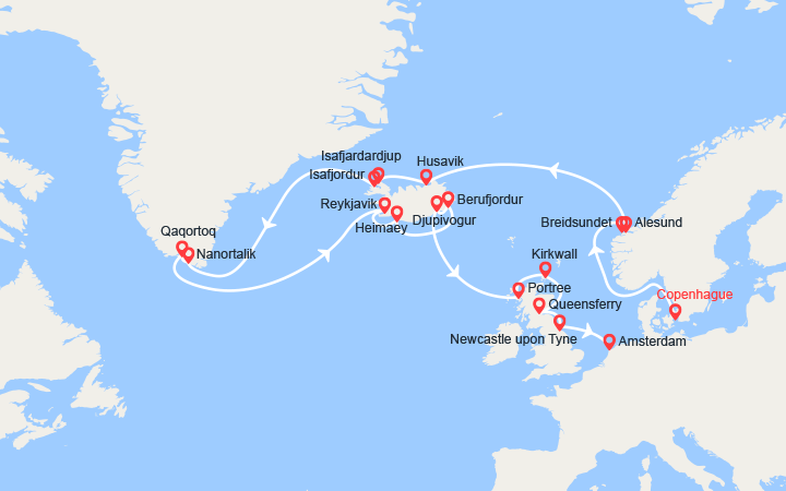 Carte itinéraire croisière Islande, Groenland, Ecosse