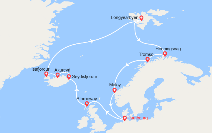Carte itinéraire croisière Islande, Spitzberg, Norvège