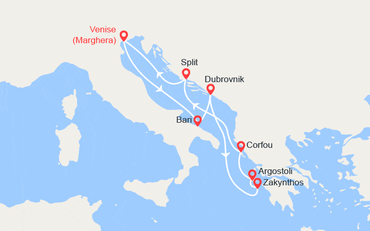 Carte itinéraire croisière Italie, Croatie, Grèce