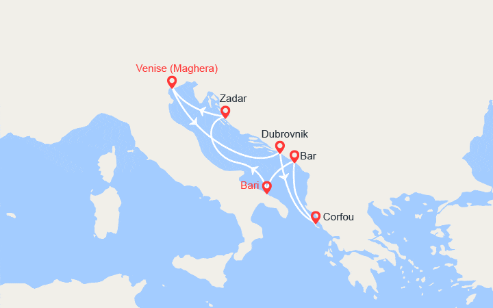 Carte itinéraire croisière Italie, Croatie, Îles grecques, Monténégro