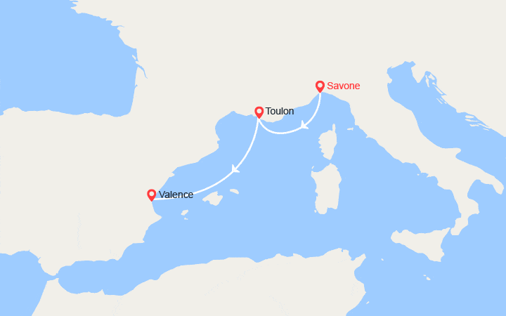 Carte itinéraire croisière Italie, Espagne : de Savone à Valence