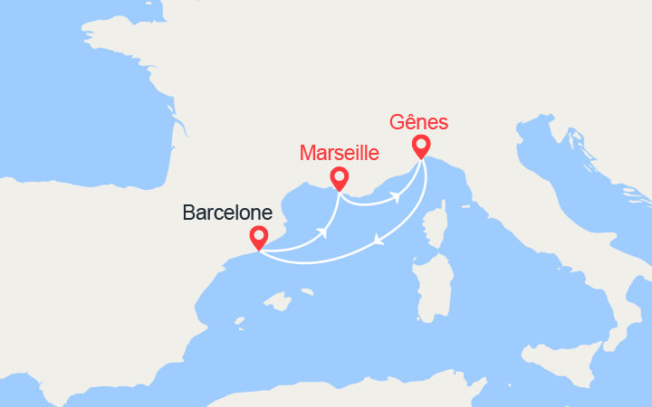 Carte itinéraire croisière Italie, Espagne, France