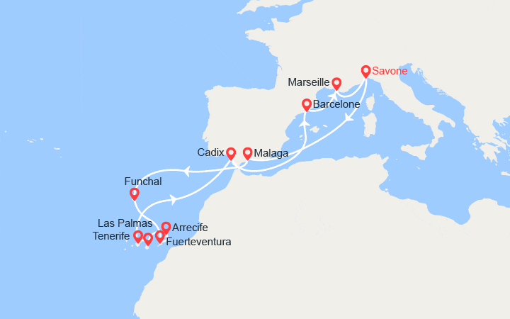 Carte itinéraire croisière Italie, Espagne, Maroc, Canaries, France
