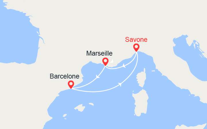 Carte itinéraire croisière Italie, France, Espagne