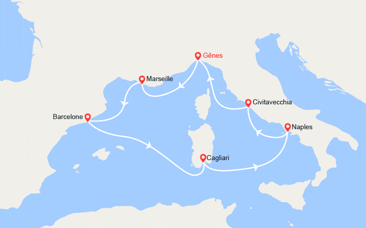 Carte itinéraire croisière Italie, France, Espagne