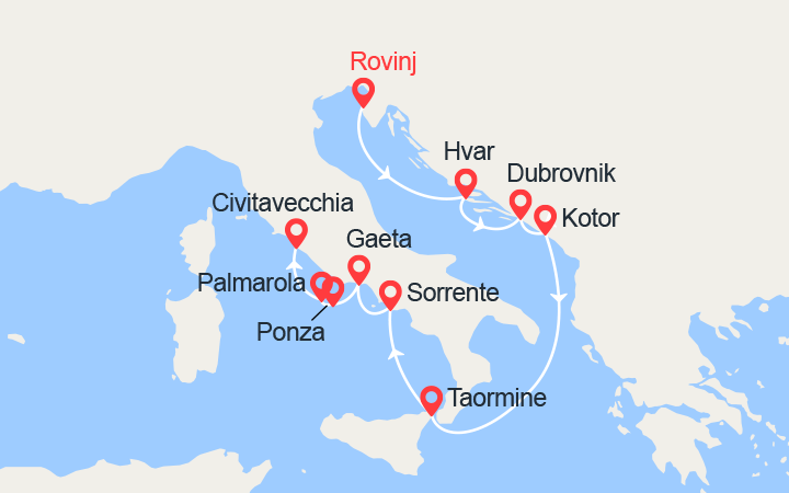 Carte itinéraire croisière Italie, Monténégro & Croatie