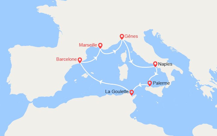 Carte itinéraire croisière Italie, Sicile, Tunisie, Espagne