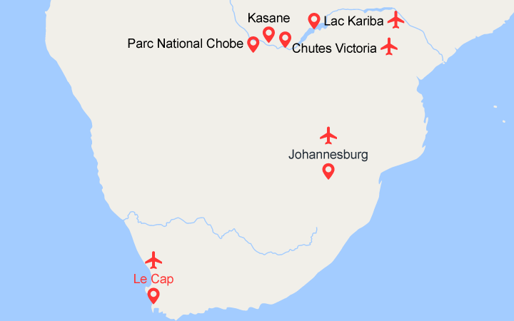 Carte itinéraire croisière L'Afrique Australe : Expérience inédite aux confins du monde avec pré-programme au Cap de Bonne Espérance. (14F)
