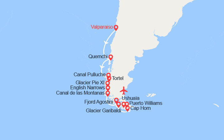 Carte itinéraire croisière L’essentiel des fjords chiliens : Valparaiso - Ushuaia