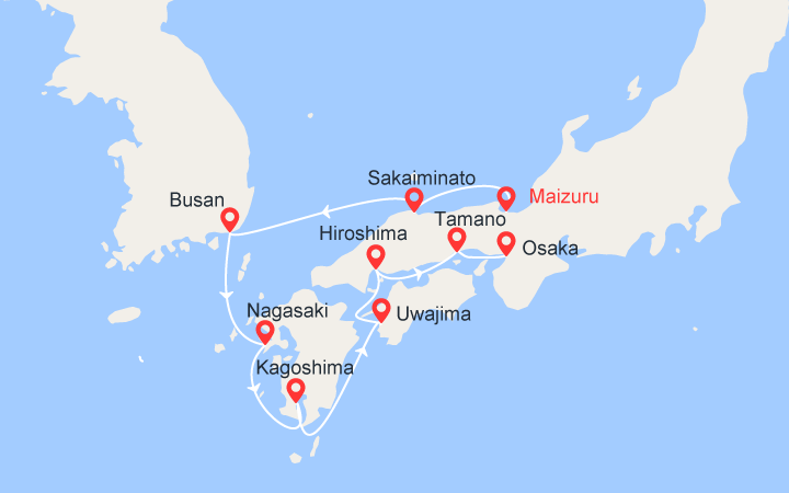 Carte itinéraire croisière L'essentiel du Japon : de Maizuru à Osaka
